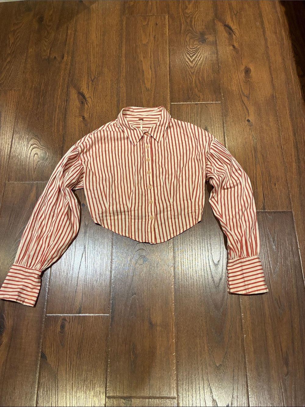 Free People Red and White Striped Cropped Button-Down Shirt